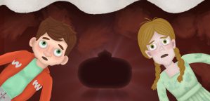 Two children stare fearfully at a mysterious sufgania.