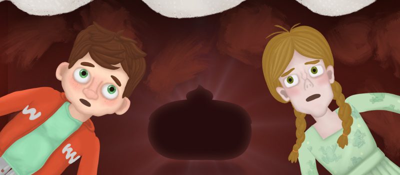Two children stare fearfully at a mysterious sufgania.